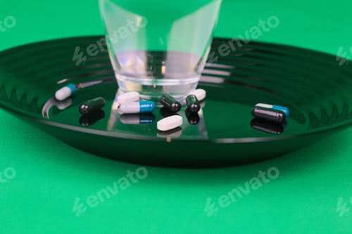 Preview: Closeup shot of pills with a glass of water in a plate on green background