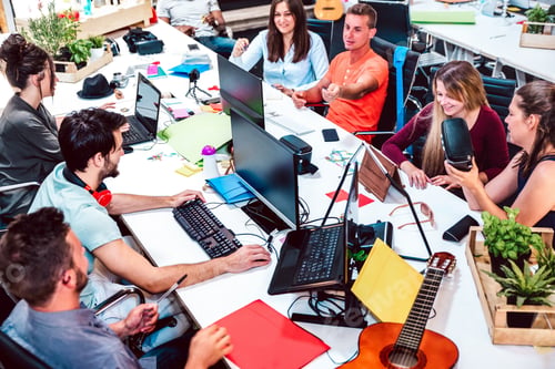 Preview: Young people employee workers on computer at urban alternative studio
