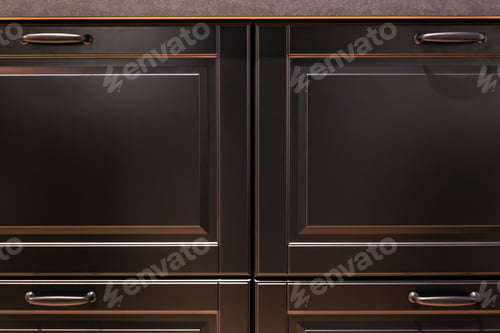 Preview: Black kitchen cabinet fronts with handles and warm highlights. Dark kitchen.