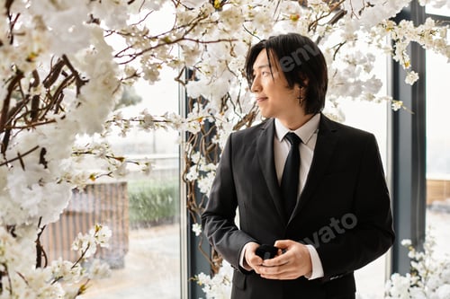 Preview: Handsome groom waiting with anticipation during a romantic spring wedding ceremony