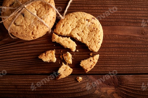 Preview: Homemade Chocolate Cookies On Wooden Table. Pile Of Delicious Chip Cookies. Christmas Cookies