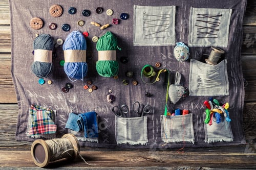 Preview: Vintage sewing mat made of needles, threads and buttons