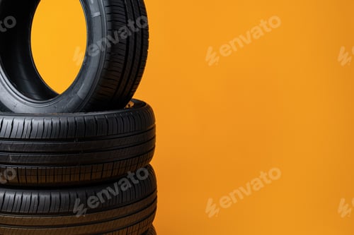 Preview: Car tires isolated on yellow background, close up