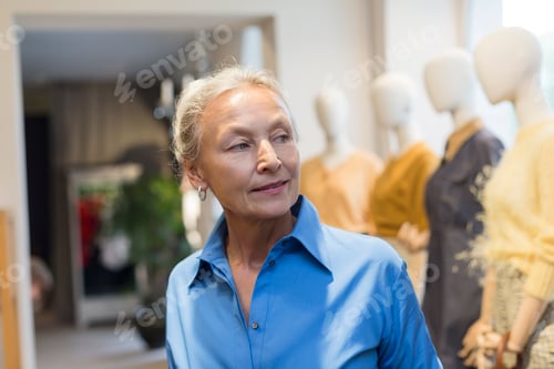 Preview: Smiling senior woman in a boutique looking around