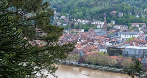 Preview: Germany, aerial drone view of Heidelberg city next to Neckar river. Schloss Heidelberg, palace.