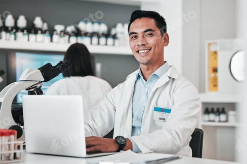 Preview: Science, man and portrait at laptop in laboratory for planning innovation, research and biotechnolo