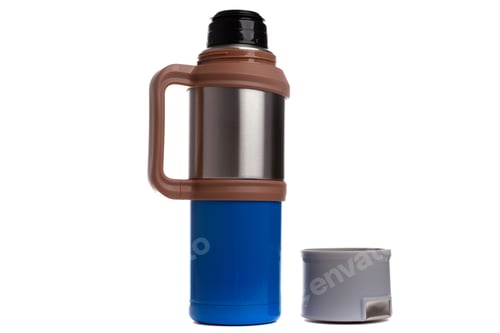 Preview: metal thermos with a blue plastic insert brown handle on a white background