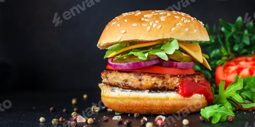 Preview: Burger, Meat Cutlet Beef Steak, Tomato, Sauce And Lettuce (Tasty Meat Snack Sandwich) Menu Concept