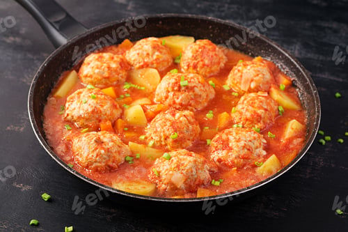 Preview: Meatballs with pumpkin and potato slices in tomato sauce. Diet food. Healthy food
