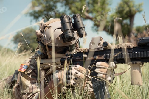 Preview: Special forces soldier in camouflage with a pair of weapons that are full of modern technology