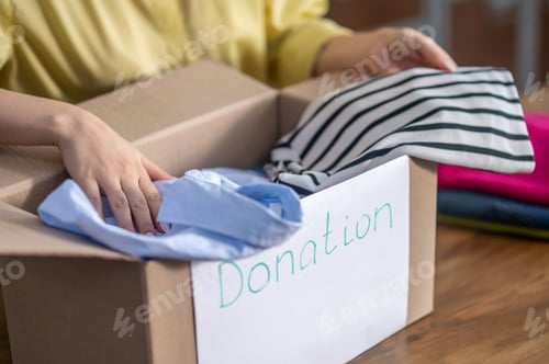 Preview: Female hands sorting clothes in the cardboard box
