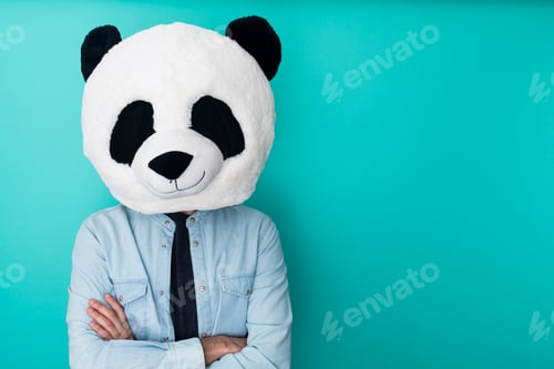 Preview: Confident man wearing panda mask standing against aquamarine background