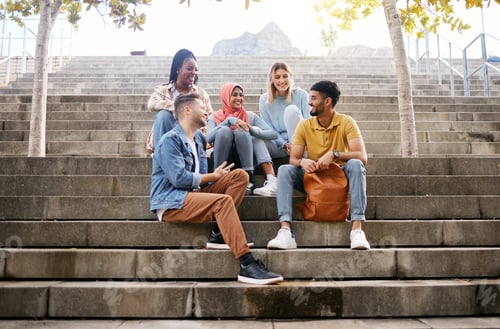 Preview: Relax, friends or students on stairs at break talking or speaking of future goals or education on c