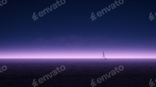 Preview: Strong light beyond the horizon on the sea in the morning and a small sailboat, minimalism in Greece