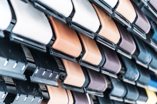Preview: Colorful Collection of Leather Swatches Displayed in a Design Workshop for Selection and Inspiration
