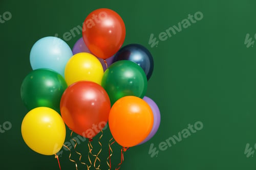 Preview: Bunch of bright balloons on color background, space for text. Celebration time