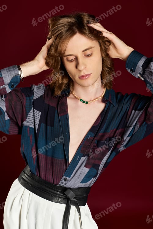 Preview: Striking fashion feature of a handsome man showcasing bold style in a trendy setting