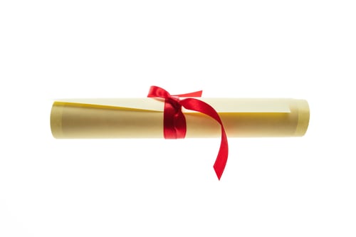 Preview: Diploma scroll with red ribbon isolated on white. College degree certificate, University studies