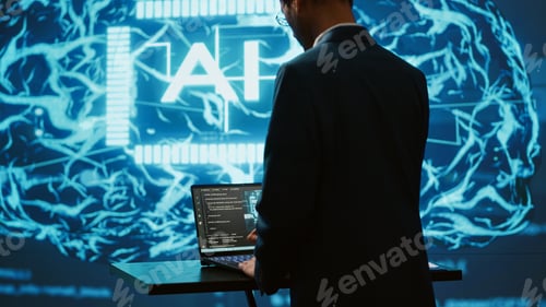 Preview: AI system administrator using laptop device in high tech futuristic workspace
