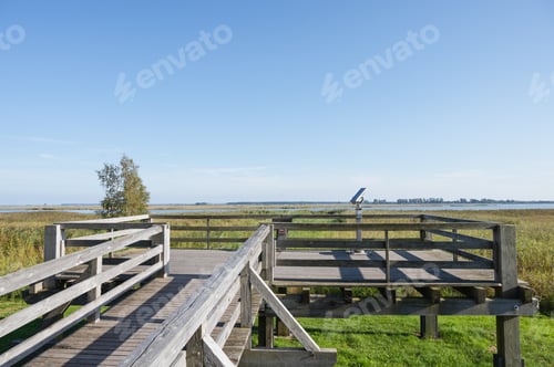 Preview: Bird-watching platform on Darss in Mecklenburg Vorpommern in the North of Germany on a sunny day