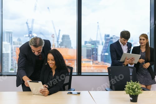 Preview: Businessman leader in marketing coaching interested business people