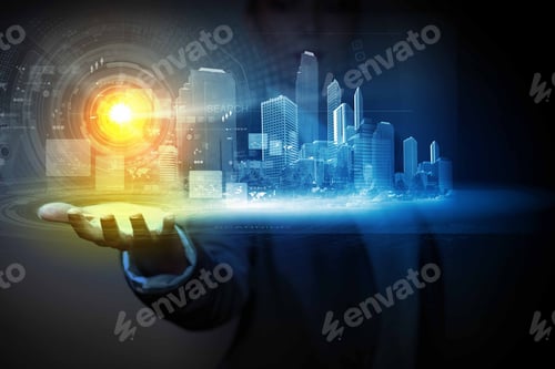 Preview: Businessperson Holding Media Image Of City In Palm. New Technologies
