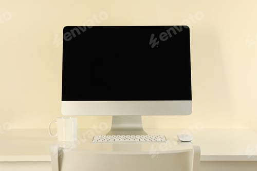 Preview: Minimalist workspace concept with desktop computer on beige background