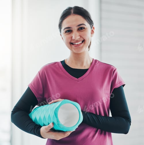 Preview: Portrait, woman and yoga mat for meditation, wellness and fitness for balance, workout and smile. F