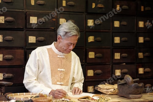 Preview: Asian Apothecary Examining Herbs In Handbook