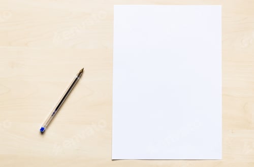 Preview: plastic pen and blank sheet of white office paper