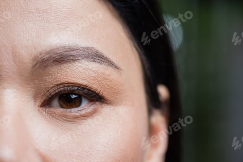 Preview: partial view of asian woman looking at camera, eye care concept