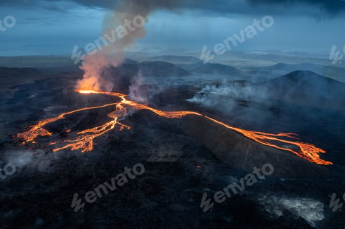 Preview: Scenic view of lava in the Fagradalsfjall volcano in Iceland on cloudy sky background