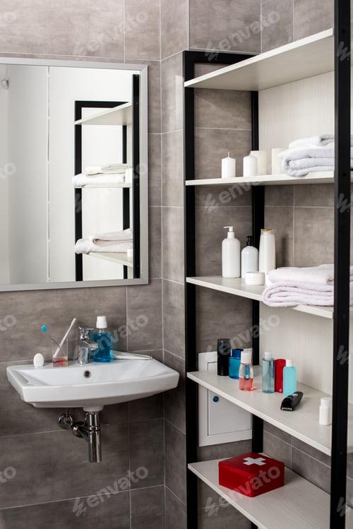 Preview: interior of modern bathroom with sinks and shelves with beauty products