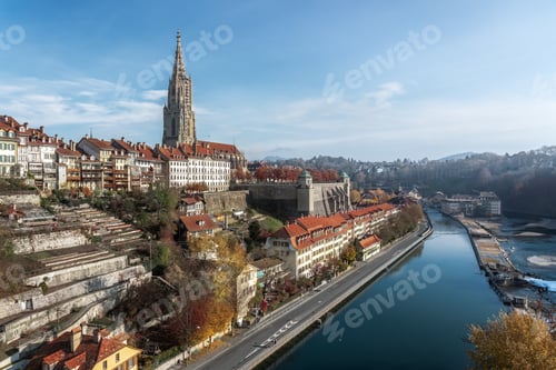 Preview: View of Bern with Bern Minster (Cathedral) and Aare River - Bern, Switzerland