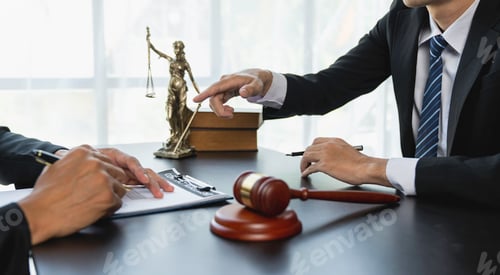 Preview: Lawyer or judge advising client's trial at attorney's office, litigation counseling ideas with lawye