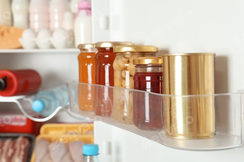 Preview: Jars with preserves and tin can on refrigerator door shelf, closeup