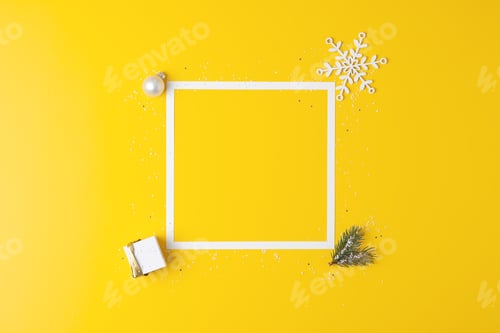 Preview: Christmas minimal composition with white frame and packaging gift on yellow background