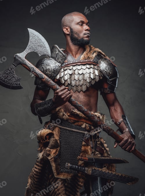 Preview: Wild african soldier wielding an axe and posing in dark background