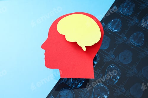 Preview: MRI images or magnetic resonance imaging with paper human head and brain.