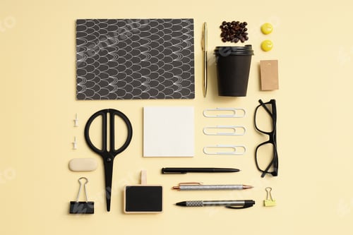 Preview: Mockup flat lay with different office accessories on beige background