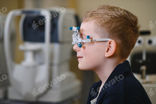 Preview: Child undergoing vision diagnostics using a trial frame in ophthalmology clinic