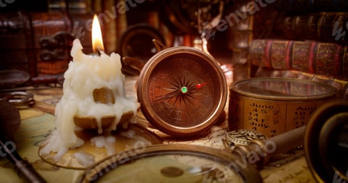 Preview: Vintage style travel and adventure. Vintage old compass and other vintage items on the table.