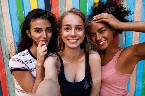 Preview: Beautiful smiling women taking selfie with mobile phone, outdoor shot