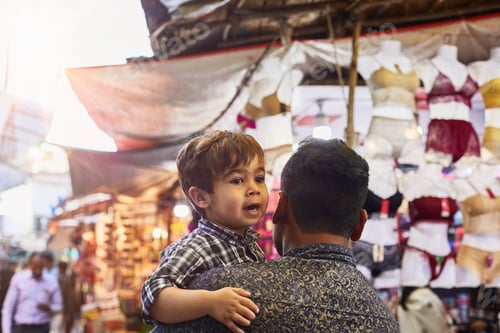 Preview: Little boy enjoying a market ride on dad's shoulders