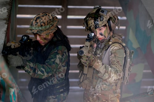 Preview: Two of woman soldiers hold gun and walk through step and go up to top of defensive base