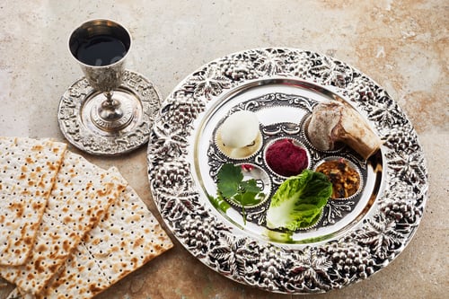 Preview: Composition with symbolic Passover, Pesach, items and meal on stone background,