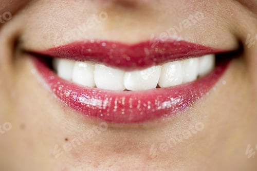 Preview: Closeup shot of a female smiling with a red lipstick
