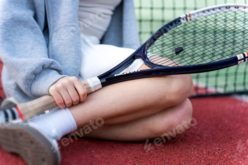 Preview: Woman holding racket sitting on tennis court