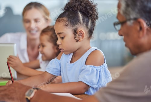 Preview: Love, support and learning, grandparents with kids writing and encouragement to study. Family, chil