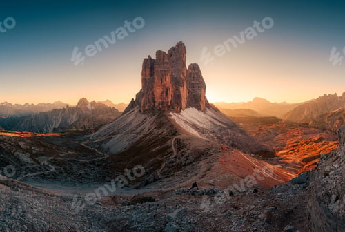 Preview: Sunset view of Tre Cime di Lavaredo mountain peaks at Dolomites, Italy